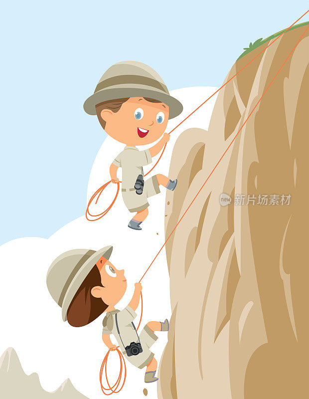 男孩和女孩用绳子爬山