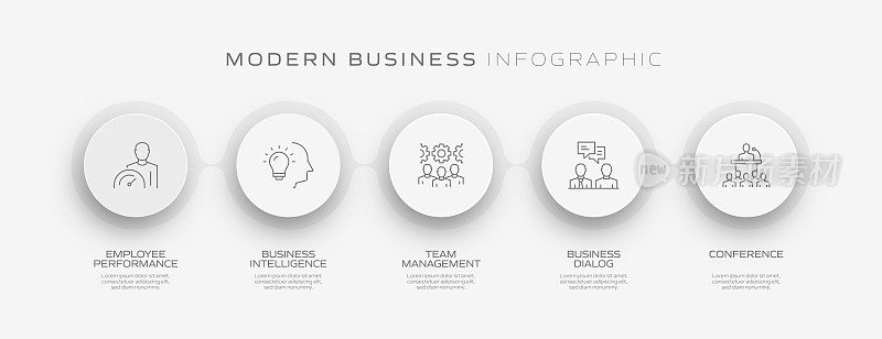现代业务相关流程信息图模板。过程时间图。使用线性图标的工作流布局