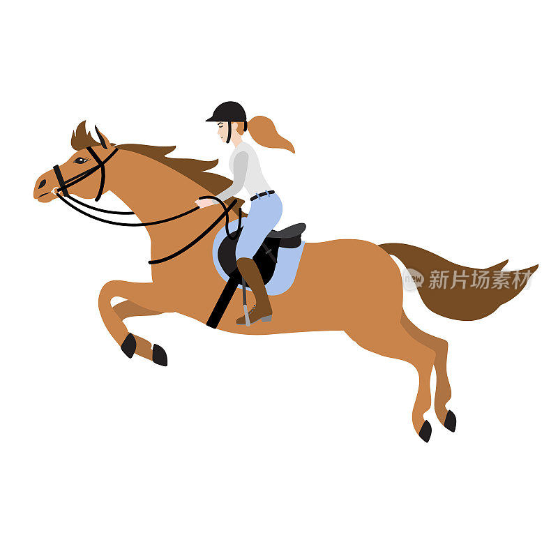 矢量彩色手绘平面卡通少女骑马秀跳马