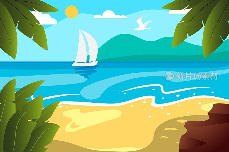 热带海滩碧绿的海水阳光蔚蓝的天空绿色的棕榈树黄色的沙子白云海浪好的阳光夏天假期异国情调的岛屿度假加勒比旅行马尔代夫景观向量背景