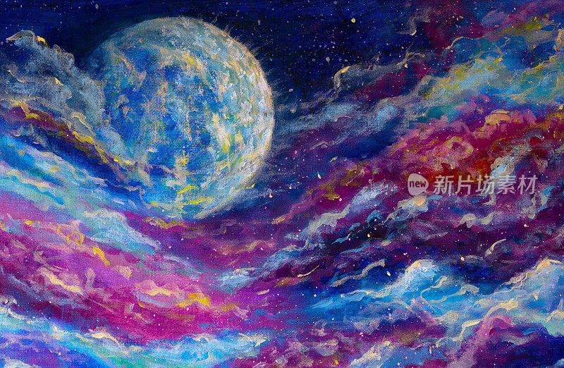 在蓝色紫色星空星空上发光的行星原始绘画现代插图