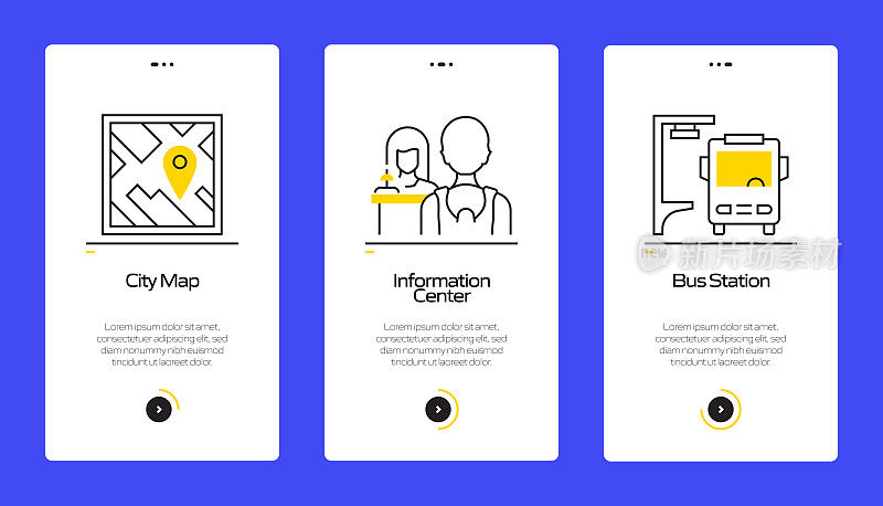城市生活概念入职移动应用页面屏幕与线图标。UI设计模板矢量插图
