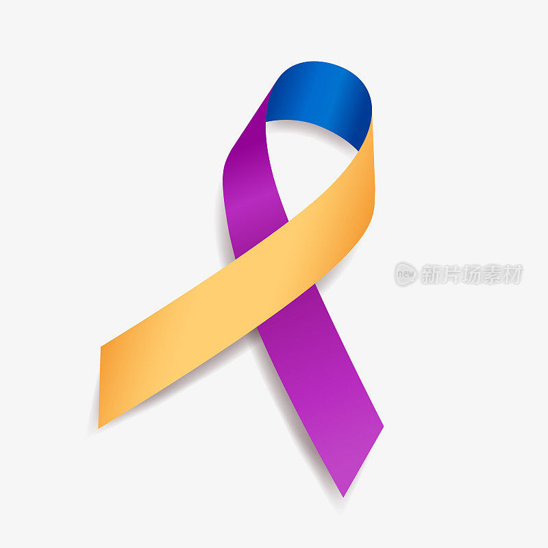 蓝黄紫丝带膀胱癌宣传月。孤立在白色背景上。矢量插图。