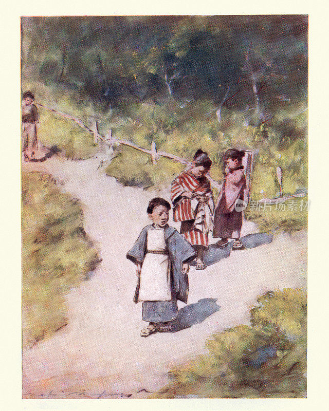 日本19世纪的儿童，穿着传统服装在公园里散步
