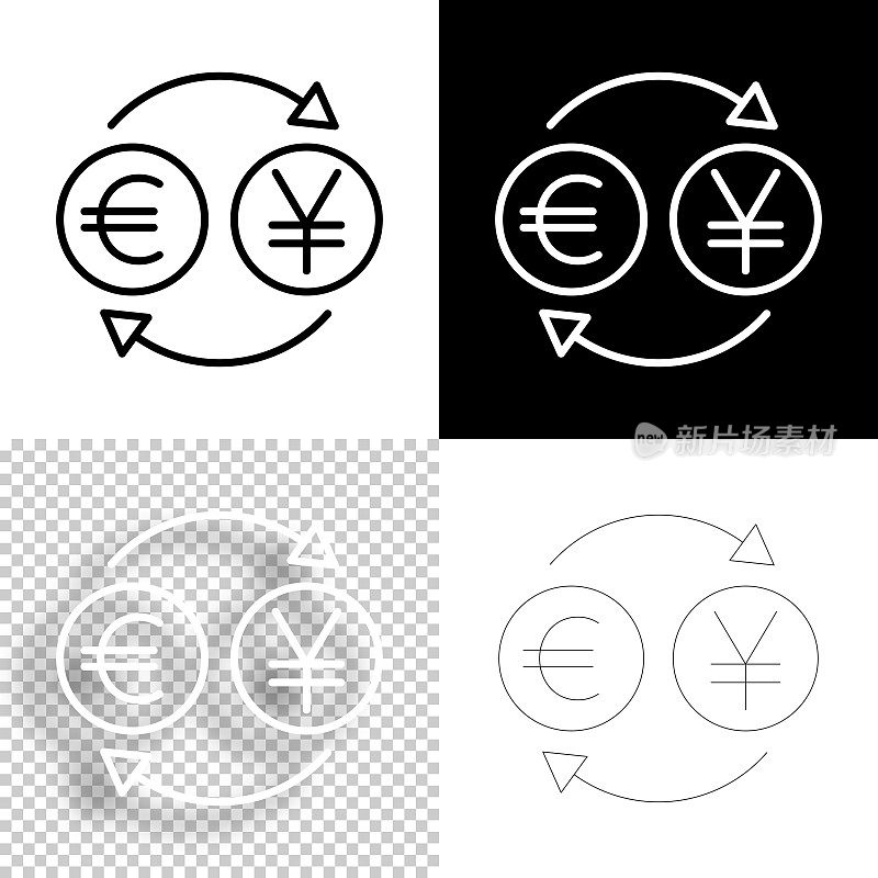 货币兑换-欧元日元。图标设计。空白，白色和黑色背景-线图标