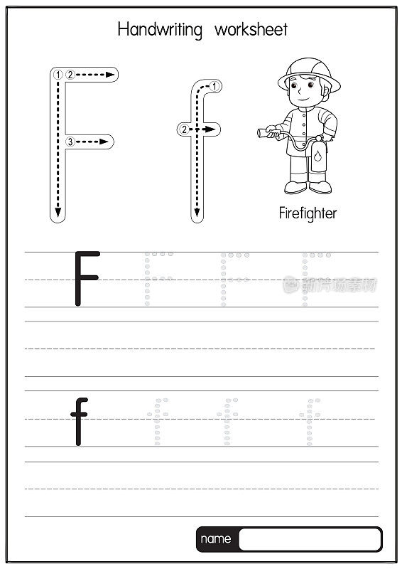 黑色和白色矢量插图与字母表字母F大写或大写字母为儿童学习实践ABC