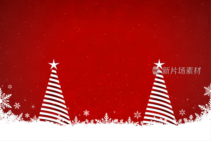 闪闪发光的圣诞节向量水平红色背景与两个白色条纹三维或三维三角形树与星星在顶部和雪花和闪亮的圆点在明亮的充满活力的栗色背景底部