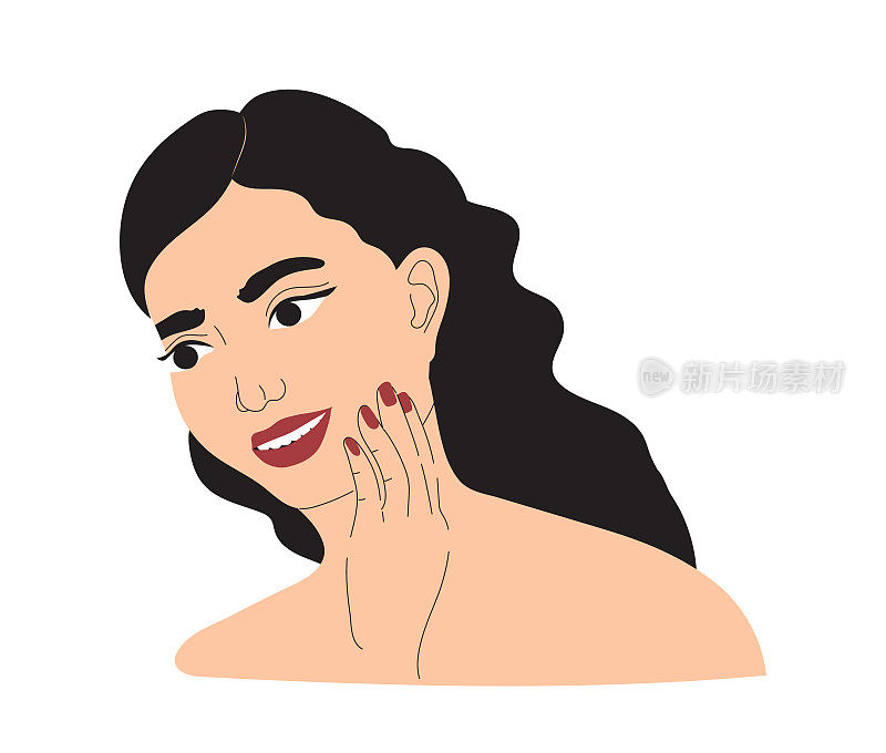 漂亮的年轻女子在涂面霜。皮肤护理程序，日常插图。化妆品矢量产品的应用。