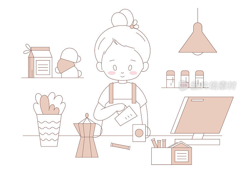 女孩咖啡师酝酿咖啡线艺术矢量插图。女可爱的人在咖啡厅或咖啡厅在围裙煮咖啡。