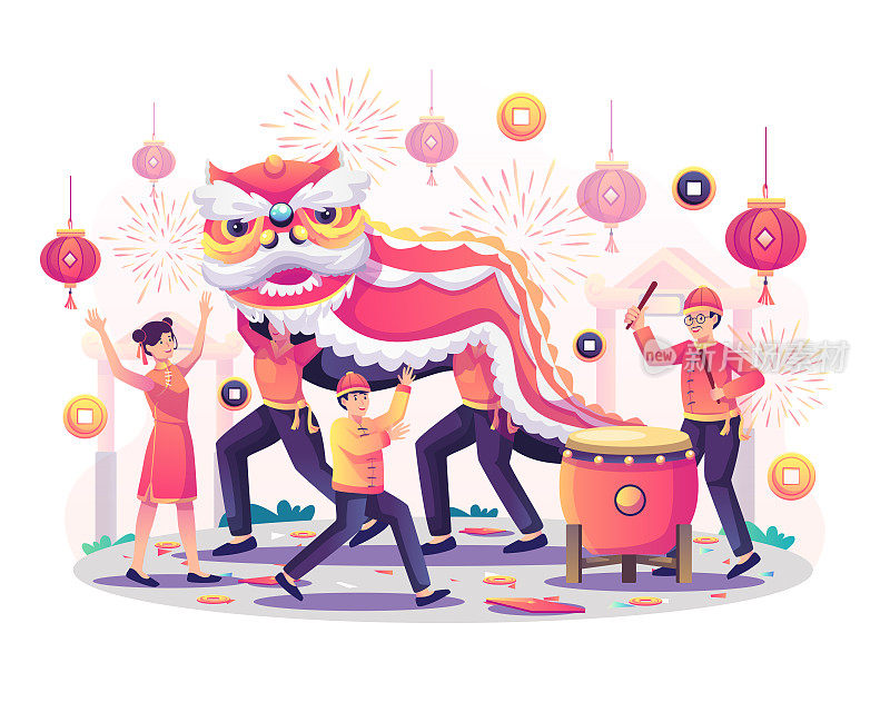 和亚洲的孩子们一起玩中国舞狮，鼓手打鼓，放烟花，挂灯笼来庆祝中国新年。平面向量插图