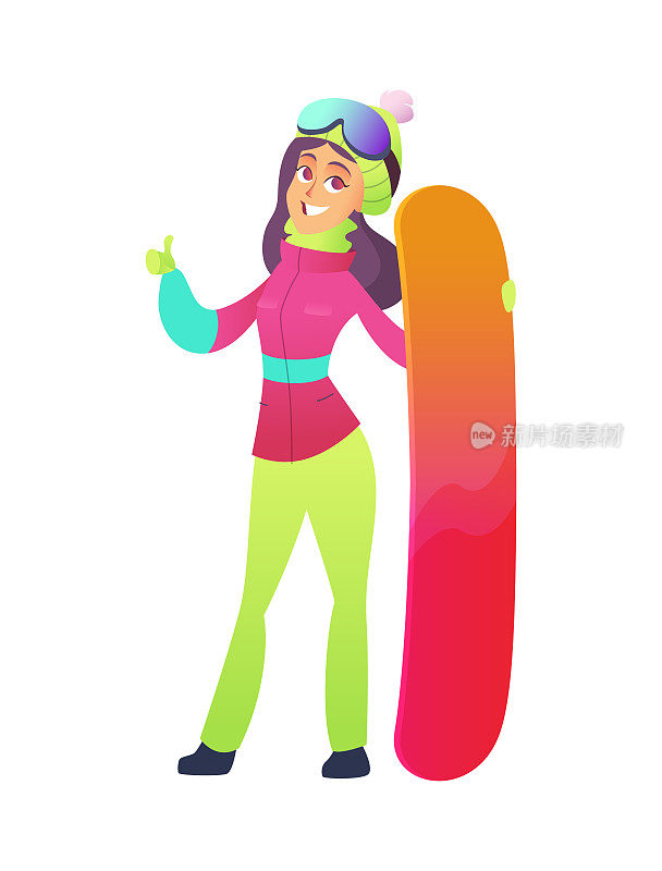 美丽的紫色头发的女孩，穿着亮色的滑雪服，手持滑雪板，展现出超级出色的姿态