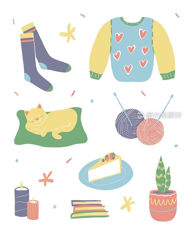 插图与可爱的东西和物体为家庭内部。针织毛衣，袜子，线团，睡觉的猫，家庭花，书，蛋糕和蜡烛。元素孤立在白色上。