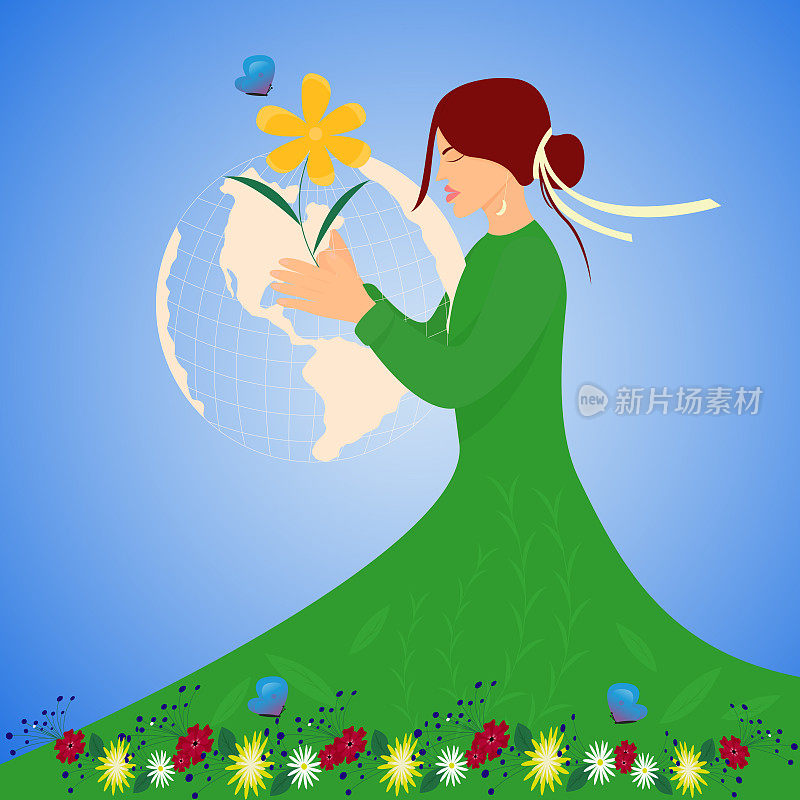 地球母亲日的卡通插图。一个女人用花草和飞舞的蝴蝶拥抱大地