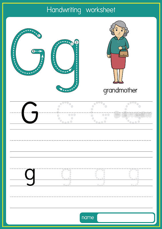 矢量插图的奶奶与字母G大写字母或大写字母的儿童学习练习ABC