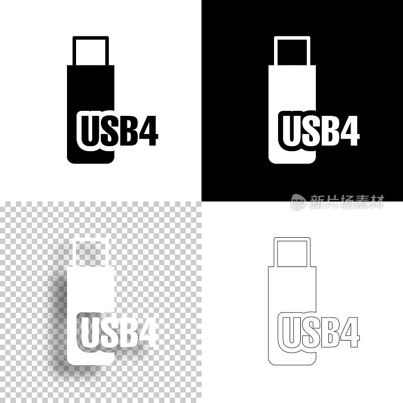 USB4闪存盘。图标设计。空白，白色和黑色背景-线图标