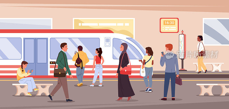卡通人群出行，等候，站在以地铁为背景的站台上。城市交通的概念。地下地铁站内部与乘客矢量插图。