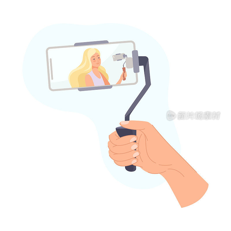 手持智能手机的自拍杆记录视频与相机拍摄照片的年轻女性屏幕矢量插图
