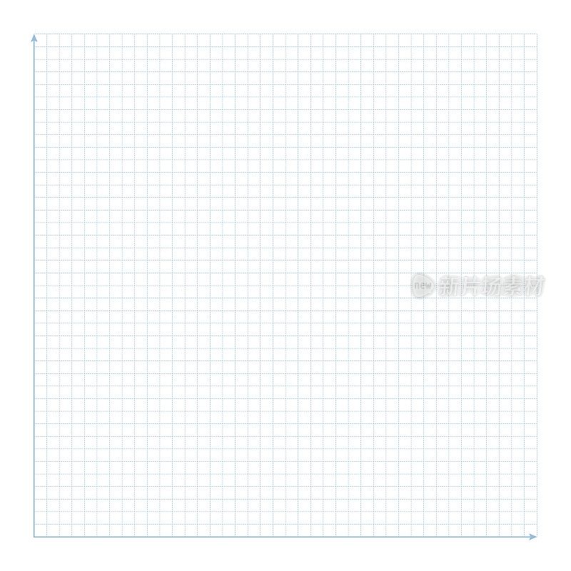 矢量插图蓝色绘图纸网格孤立在白色背景上。网格正方形图形线条纹理。毫米图形纸网格模板。用蓝色x轴和y轴组成的笛卡尔坐标系。