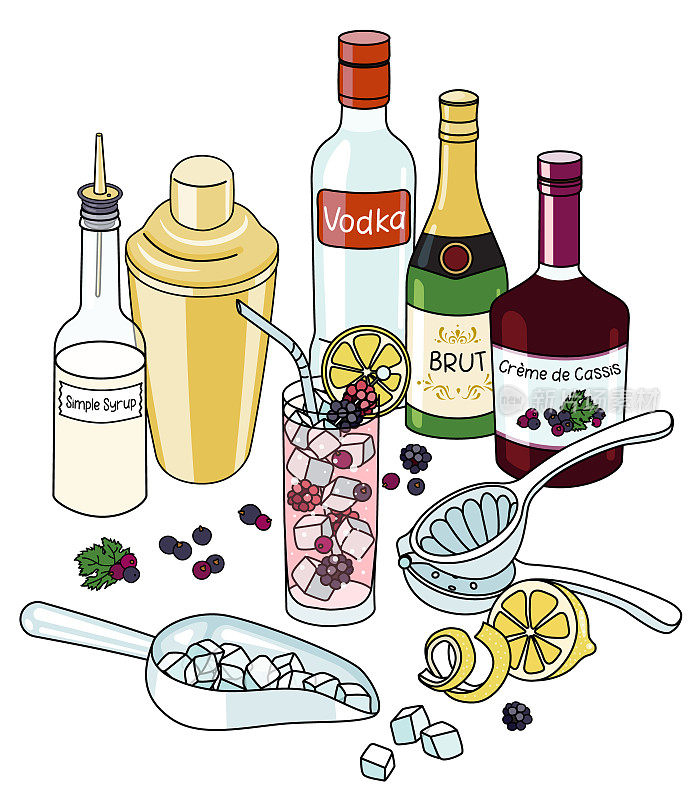 涂鸦卡通俄罗斯春潘趣和配料组成。一瓶伏特加，黑莓酒和起泡酒，糖浆，柠檬和浆果。为酒吧菜单，贴纸或烹饪书食谱。