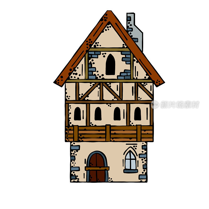 欧洲中世纪的房子。村庄建设。有烟囱的老房子。卡通复古的插图。