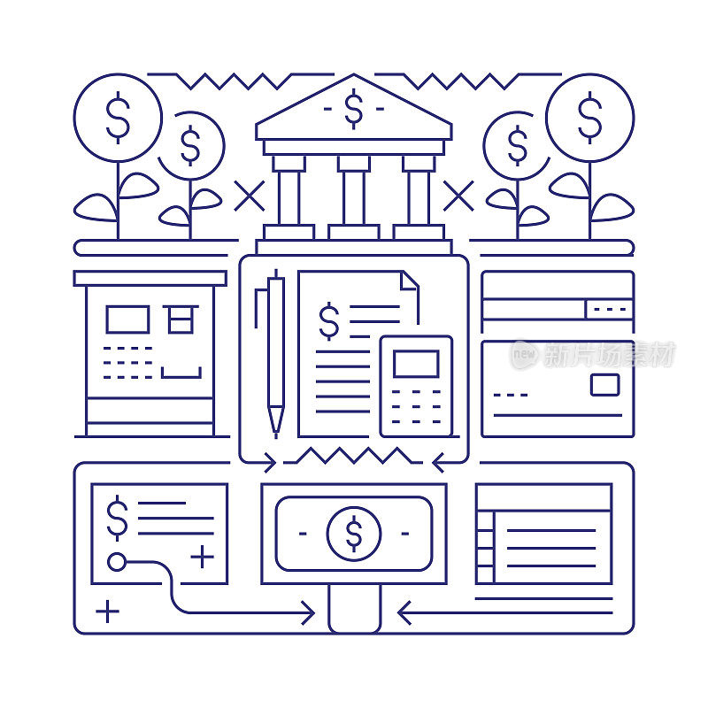 金融和货币对象和元素。线条图标插图集合。图标设置或标题模板。