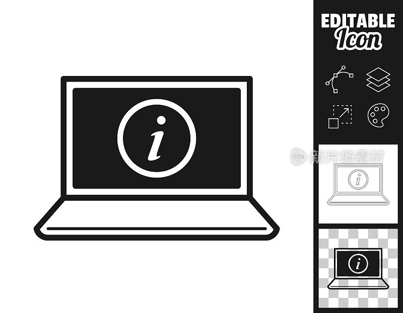 带有信息标志的笔记本电脑。图标设计。轻松地编辑