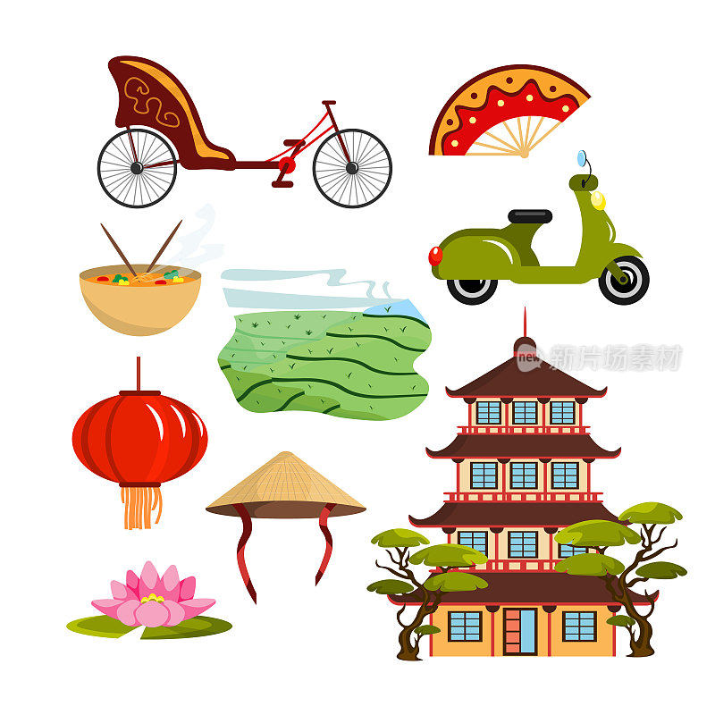 越南卡通风格的成套设备。矢量插图的自行车，助力车，风扇，面条，塔，茶园，百合，灯笼，亚洲帽子白色的背景。