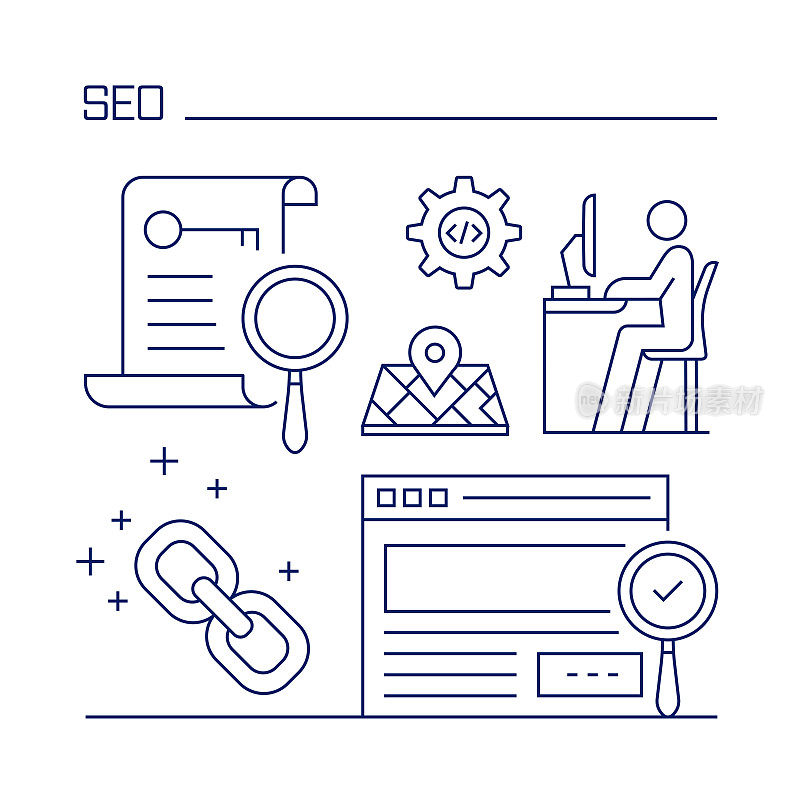 SEO相关设计元素。使用大纲图标的模式设计。