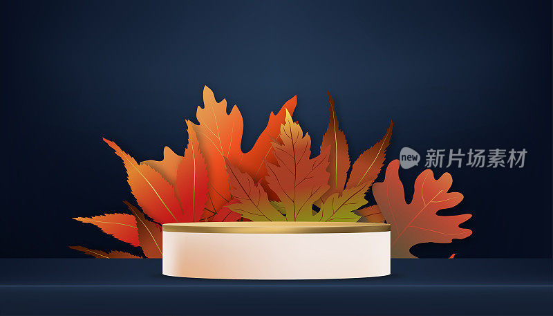 秋季背景工作室，有3D平台展示圆筒架，蓝色墙壁上有枫叶，矢量抽象的最小设计，用于秋季产品展示，促销，销售的背景拍摄