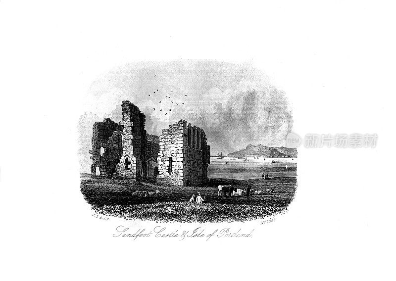 1860年韦茅斯、梅尔库姆里吉斯及周边地区的黑白景观;沙脚城堡亨利克海岸防御工事