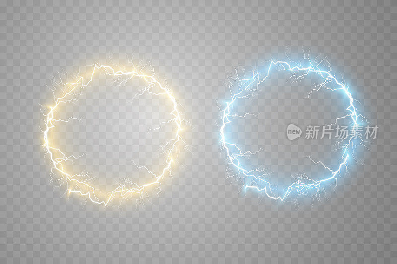 球蓝色和金色的闪电在一个透明的背景。矢量插图，抽象的闪电在深蓝色的天空。闪电，雷声，火花。