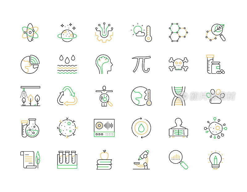 科学相关的矢量线图标。大纲符号集合
