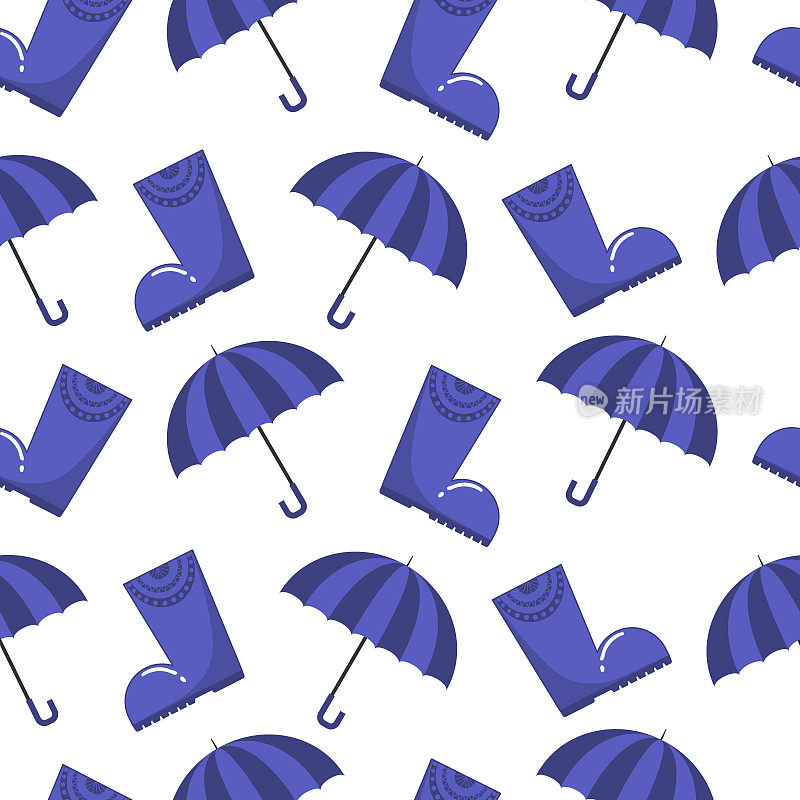无缝秋季图案，蓝色胶靴和一把下雨的雨伞，在白色背景上孤立的平风格
