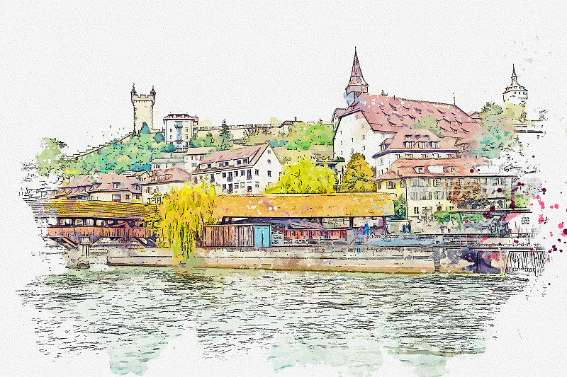 瑞士著名的卢塞恩镇水彩美景。
