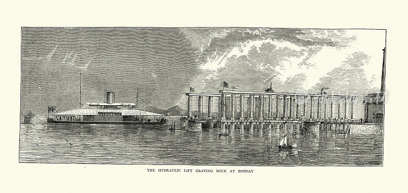 液压升降机坟场在孟买，印度，维多利亚19世纪70年代