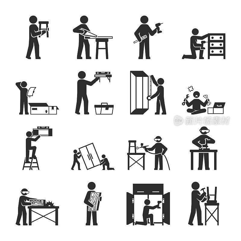 组装家具图标套装。家具的生产、安装、装配。男人的工具。修理者。孤立的象征