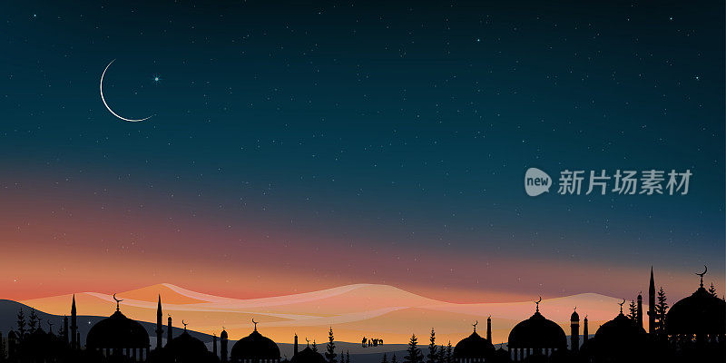 开斋节的穆巴拉克背景，剪影圆顶清真寺夜晚的新月蓝天，矢量阿拉伯家庭，穆斯林商队骑着骆驼穿过沙丘，伊斯兰宗教，古尔邦节，开斋节