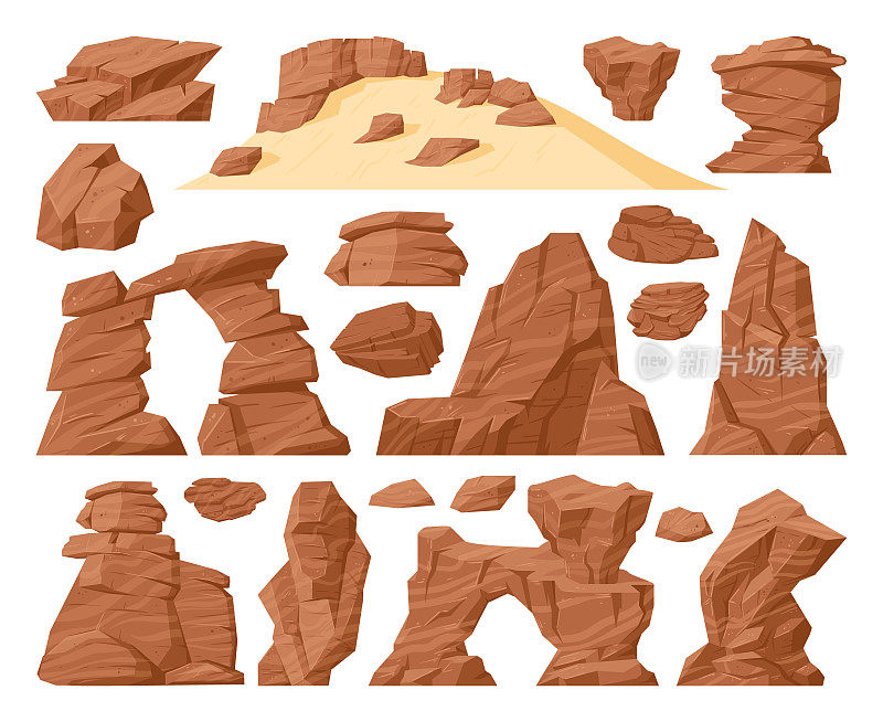卡通沙沙漠岩、石峡谷景观元素。西部沙漠岩石观，自然棕裂山块平矢集。峡谷的岩石集合