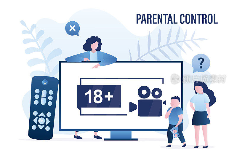 妈妈在电视屏幕上展示孩子们的年龄限制。大遥控器靠近显示器。年龄限制。学校的孩子想看成人的视频内容。家长控制。18加媒体，警告信号。