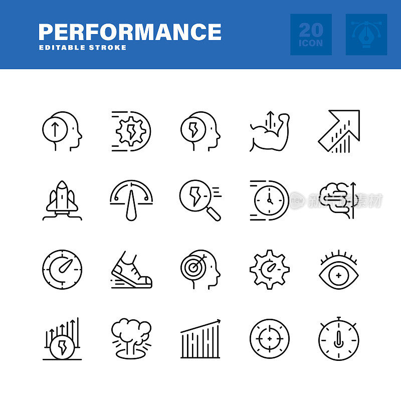 性能线图标设置。可编辑的中风。像素完美。