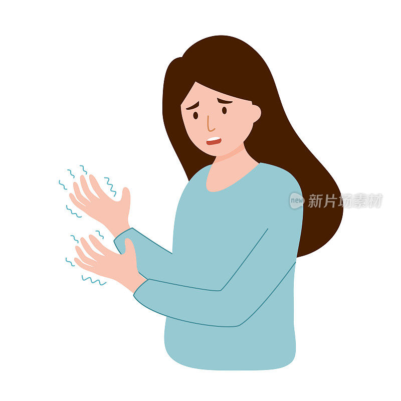 妇女与手震颤概念矢量插图。颤抖的手从恐惧或寒冷在白色背景上的平面设计。