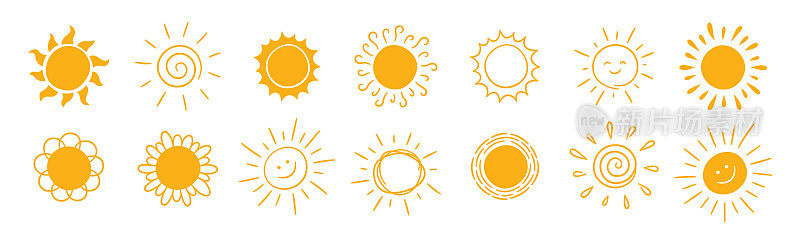 涂鸦不同的太阳图标设置。在黄色的太阳上画上光线符号。涂鸦儿童画册。手绘破裂。天气热的迹象。矢量插图孤立在白色背景上
