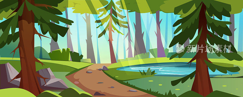 卡通森林景观，有池塘、树木和石头小径