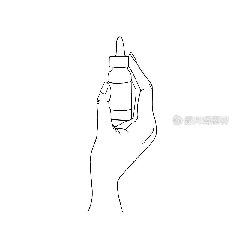 一只手拿着一个小血清瓶和一个移液管的线条艺术。涂鸦插图