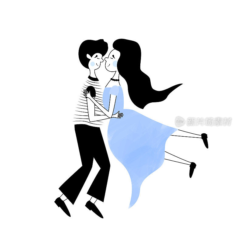 卡通情侣在跳舞。可爱的涂鸦人物恋爱。漫画风格的简单创意插图。一个男孩和一个女孩正在跳古典舞。为舞蹈课，舞会设计的剪纸