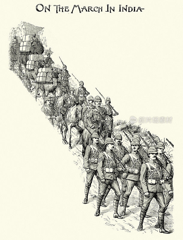 19世纪，19世纪90年代，在印度行军的英军士兵纵队，骆驼驮着补给