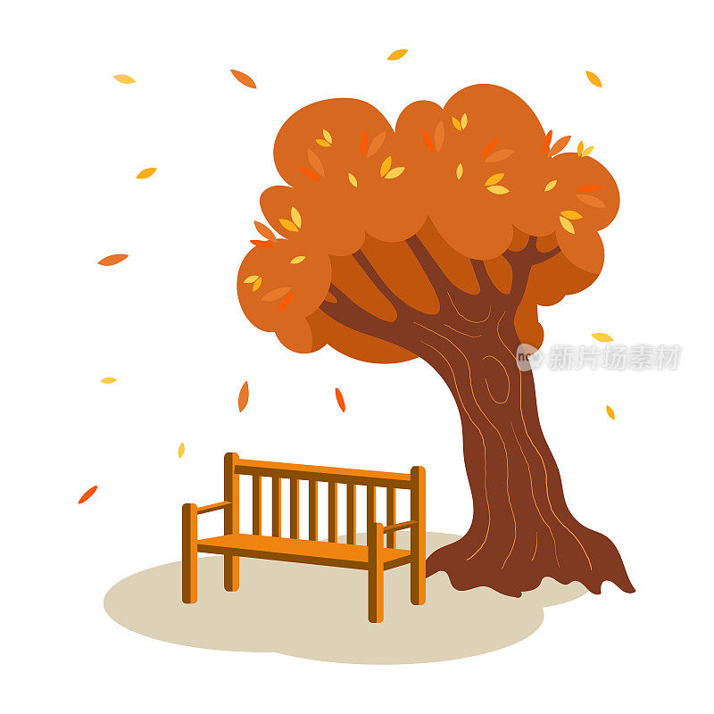 秋天树下的木凳。秋天的风景。矢量插图。