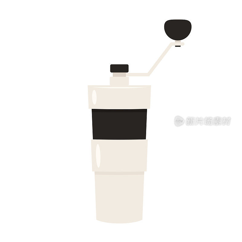 咖啡研磨机矢量。手动咖啡研磨机，手柄独立的平面线图标。矢量便携式咖啡研磨机旋转手柄。研磨咖啡的金属容器。