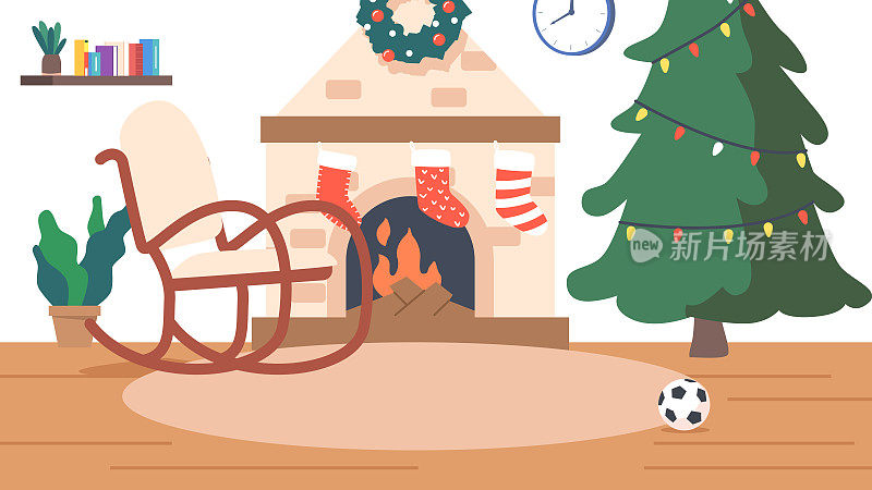 圣诞家庭内部壁炉与袜子，摇椅和装饰松树花环准备好了圣诞节