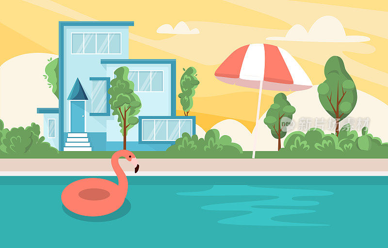 舒适时尚风格的现代别墅，粉色玩具充气圈火烈鸟在个人泳池平矢量插画，放松度过时光。